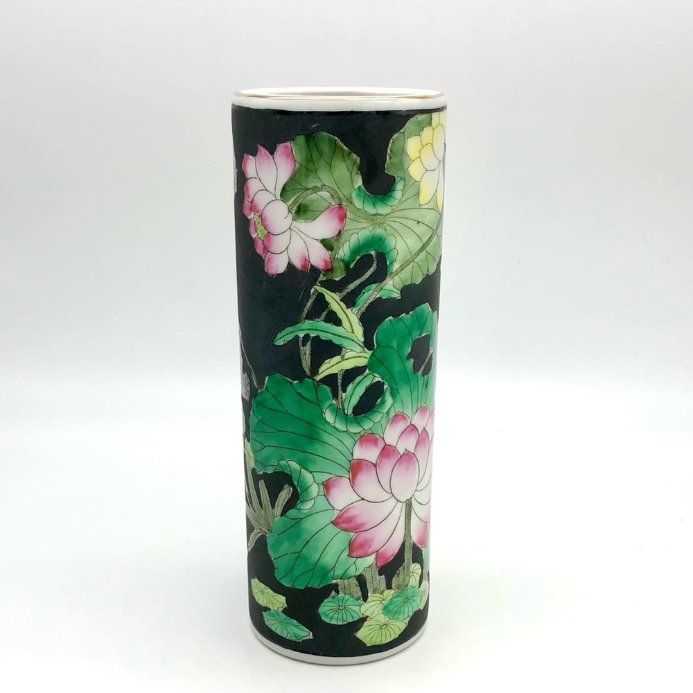 Chinese Porcelain Vase Hat Stand Famille Noire Floral Bird Lotus Qianlong Mark - Picture 5 of 13